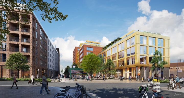 Renderingsbild av området i Södra Hagalund med tunnelbaneuppgång